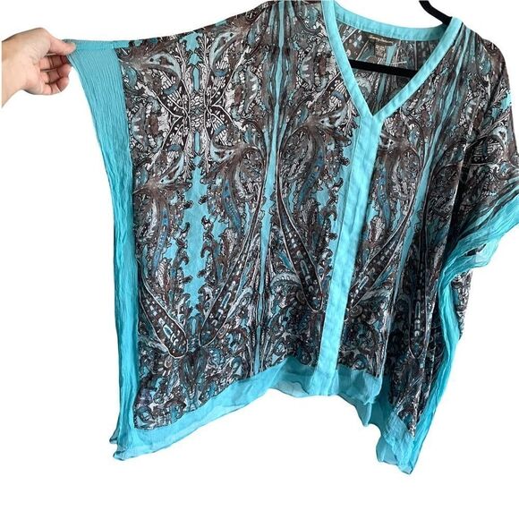 TOMMY BAHAMA Silk Oversized Popover Tunic Blouse Coverup Print Turquoise - Picture 2 of 6